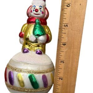 Vintage Glass Mica Ornament 7" Clown on Ball Colorful Christmas Holiday Shiny